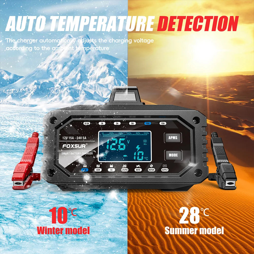 Slimme Acculader 12V 15A / 24V 5A - Intelligente Auto Motor Batterijlader met Puls Reparatie voor AGM LiFePO4 Lood-Zuur - CarProTools.EU - shop for all car tools / workshop tools