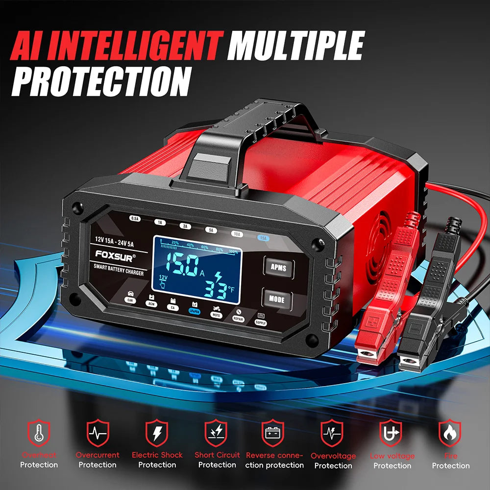 Slimme Acculader 12V 15A / 24V 5A - Intelligente Auto Motor Batterijlader met Puls Reparatie voor AGM LiFePO4 Lood-Zuur - CarProTools.EU - shop for all car tools / workshop tools