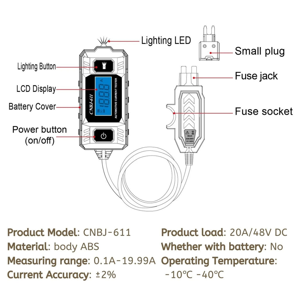 12V Auto Stroom Tester 0.01-19.99A - Professionele Circuit Ampèremeter met Zekering Diagnostic Functie