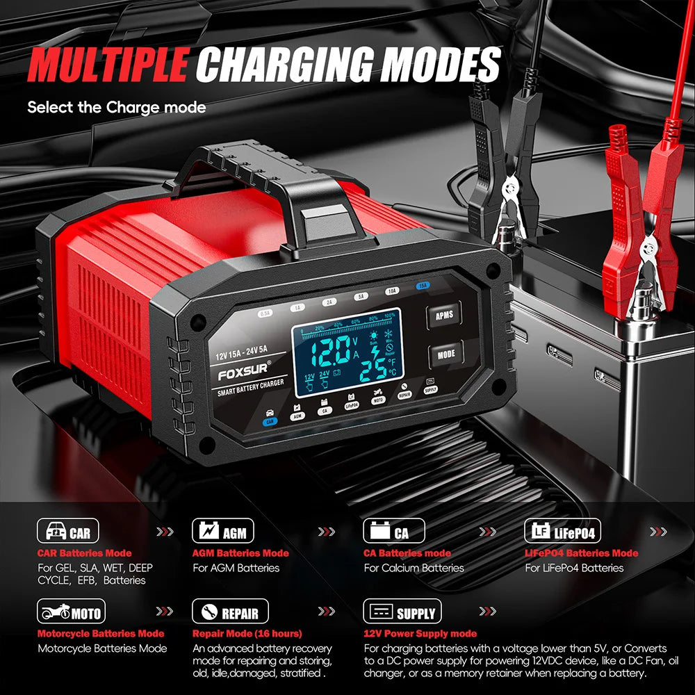 Slimme Acculader 12V 15A / 24V 5A - Intelligente Auto Motor Batterijlader met Puls Reparatie voor AGM LiFePO4 Lood-Zuur - CarProTools.EU - shop for all car tools / workshop tools