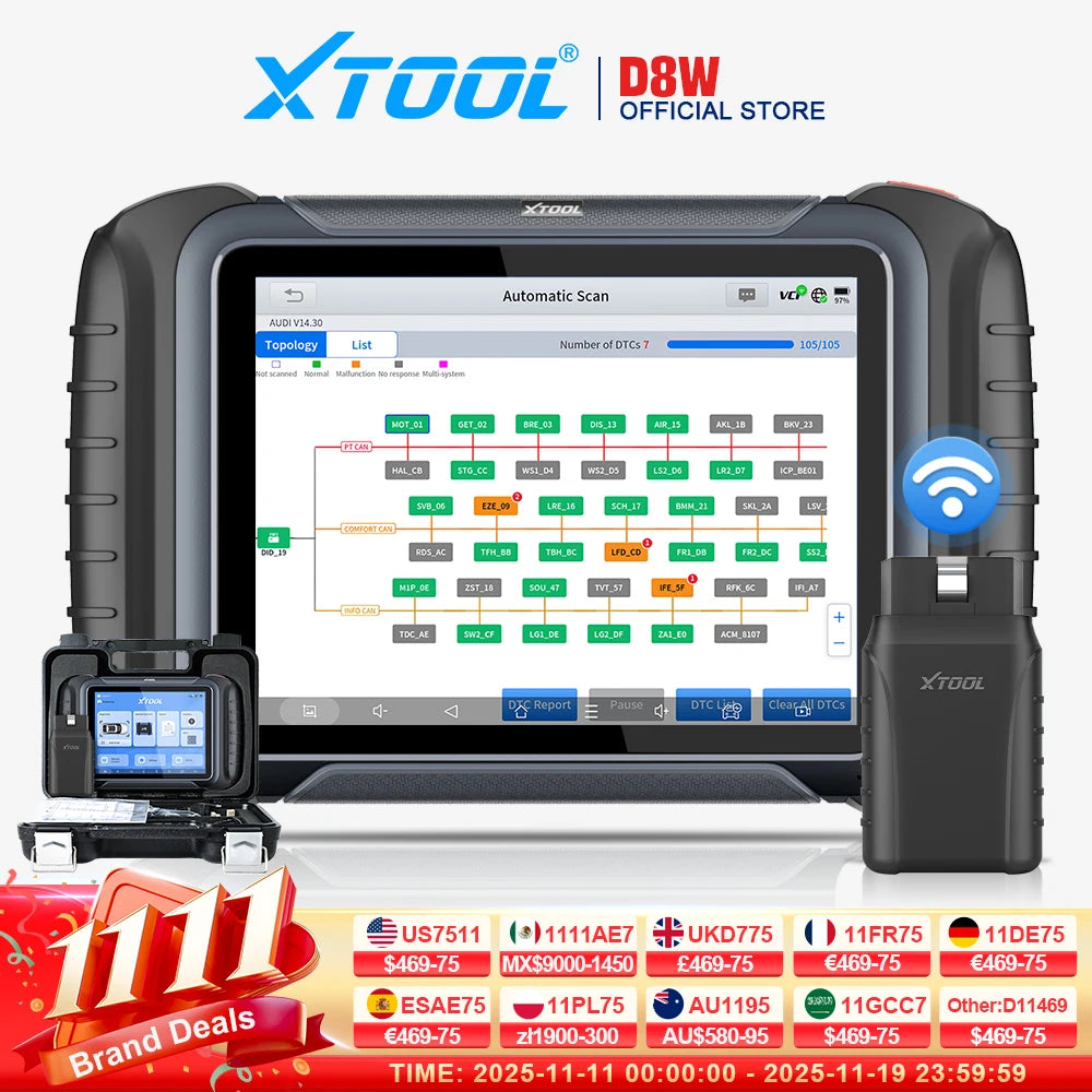 XTOOL D8W/D8S Bluetooth Auto Diagnostic Scanner - Bidirectioneel ECU Codering 42+ Resets CANFD DOIP met FCA Topologie - CarProTools.EU - shop for all car tools / workshop tools
