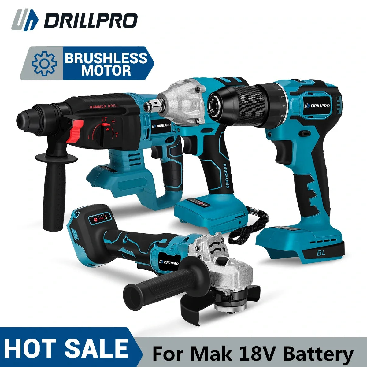 Drillpro 18V Elektrisch Gereedschap Combiset - 800NM Slagmoersleutel, Klopboormachine en 125mm Haakse Slijper voor Makita Accu - CarProTools.EU - shop for all car tools / workshop tools