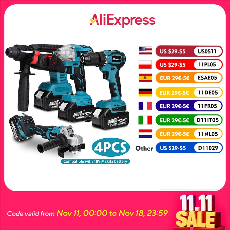 Drillpro 18V Elektrisch Gereedschap Combiset - 800NM Slagmoersleutel, Klopboormachine en 125mm Haakse Slijper voor Makita Accu - CarProTools.EU - shop for all car tools / workshop tools