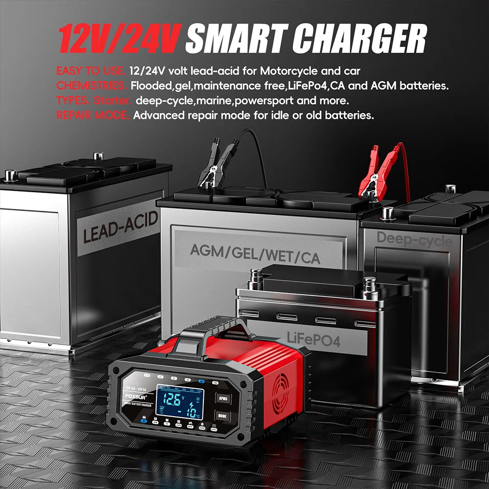 Slimme Acculader 12V 15A / 24V 5A - Intelligente Auto Motor Batterijlader met Puls Reparatie voor AGM LiFePO4 Lood-Zuur - CarProTools.EU - shop for all car tools / workshop tools