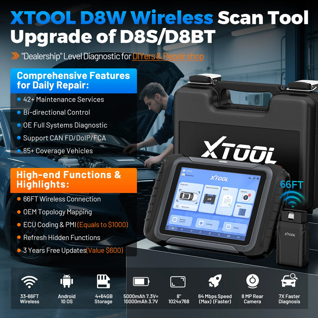 XTOOL D8W/D8S Bluetooth Auto Diagnostic Scanner - Bidirectioneel ECU Codering 42+ Resets CANFD DOIP met FCA Topologie - CarProTools.EU - shop for all car tools / workshop tools